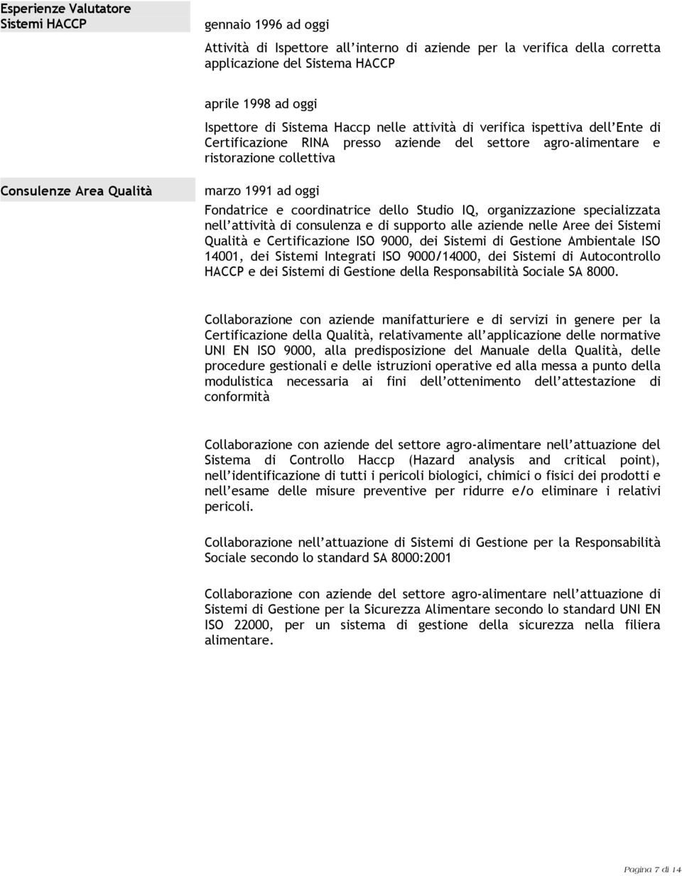 Fondatrice e coordinatrice dello Studio IQ, organizzazione specializzata nell attività di consulenza e di supporto alle aziende nelle Aree dei Sistemi Qualità e Certificazione ISO 9000, dei Sistemi