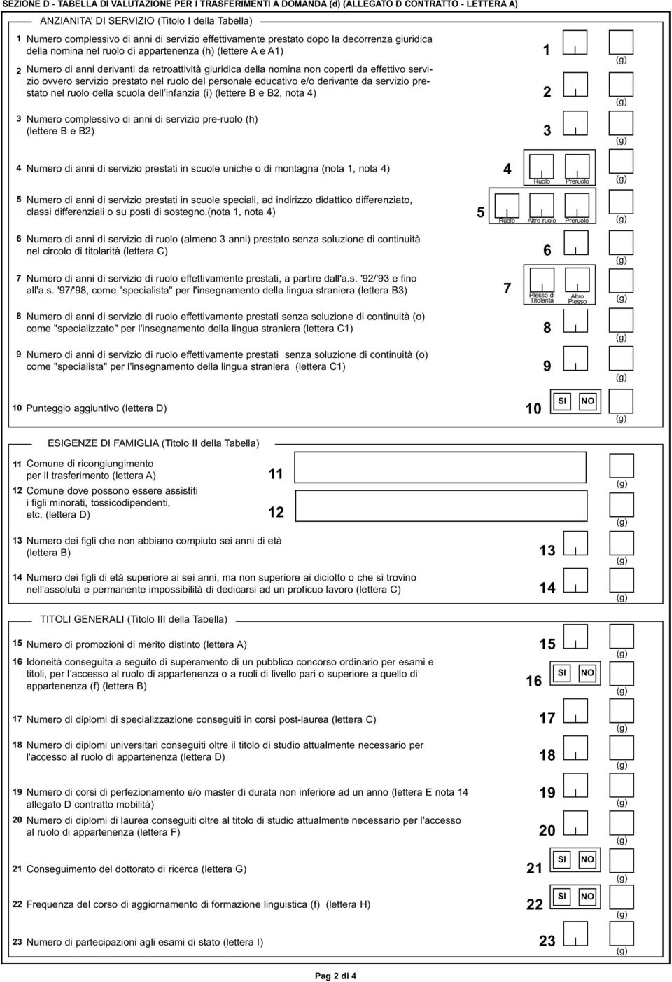 effettivo servizio ovvero servizio prestato nel ruolo del personale educativo e/o derivante da servizio prestato nel ruolo della scuola dell infanzia (i) (lettere B e B2, nota 4) 3 Numero complessivo