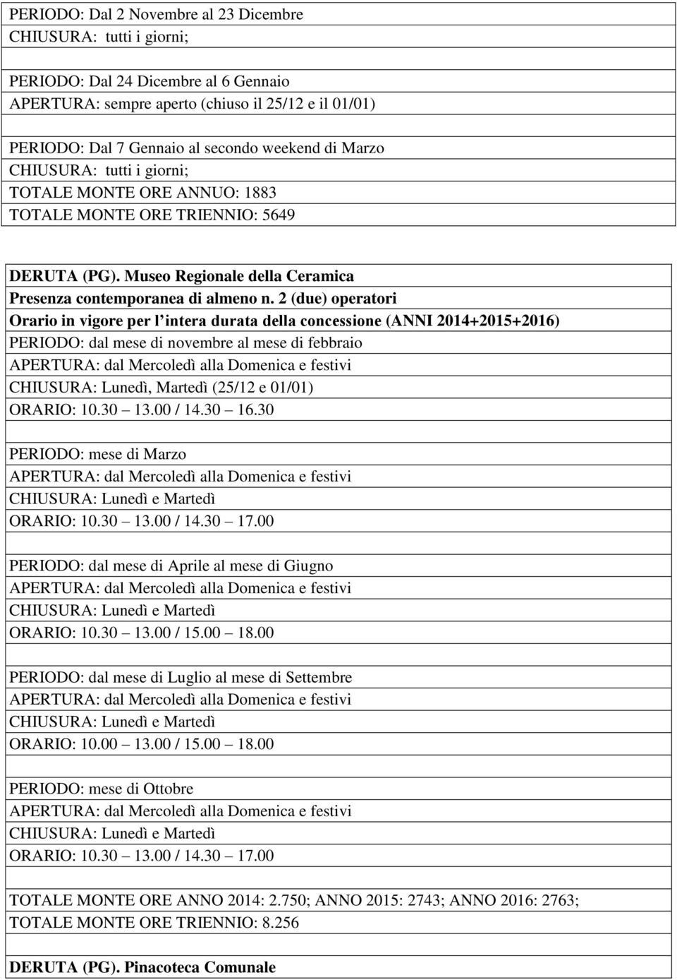 2 (due) operatori PERIODO: dal mese di novembre al mese di febbraio CHIUSURA: Lunedì, Martedì (25/12 e 01/01) ORARIO: 10.30 13.00 / 14.30 16.