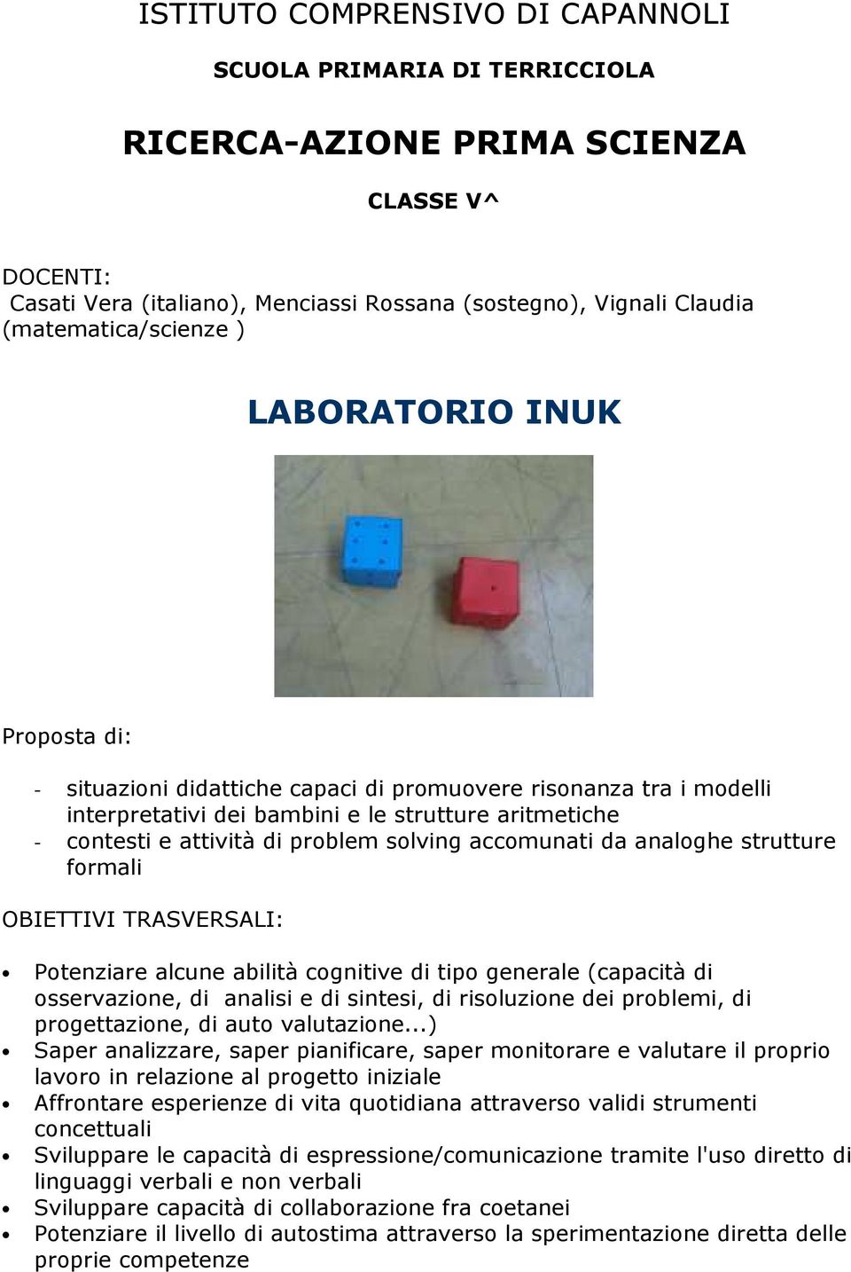 problem solving accomunati da analoghe strutture formali OBIETTIVI TRASVERSALI: Potenziare alcune abilità cognitive di tipo generale (capacità di osservazione, di analisi e di sintesi, di risoluzione