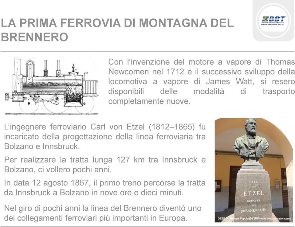 L ingegnere ferroviario Carl von Etzel (1812 1865) fu incaricato della progettazione della linea ferroviaria tra Bolzano e Innsbruck.