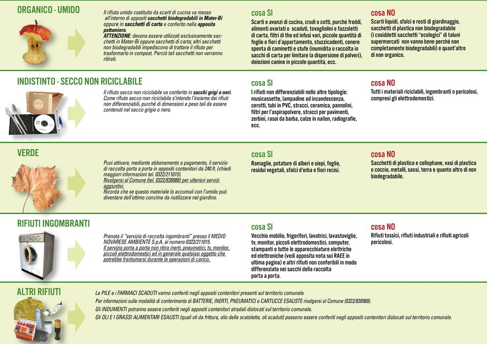 ATTENZIONE: devono essere utilizzati esclusivamente sacchetti in Mater-Bi oppure sacchetti di carta; altri sacchetti non biodegradabili impediscono di trattare il rifiuto per trasformarlo in compost.