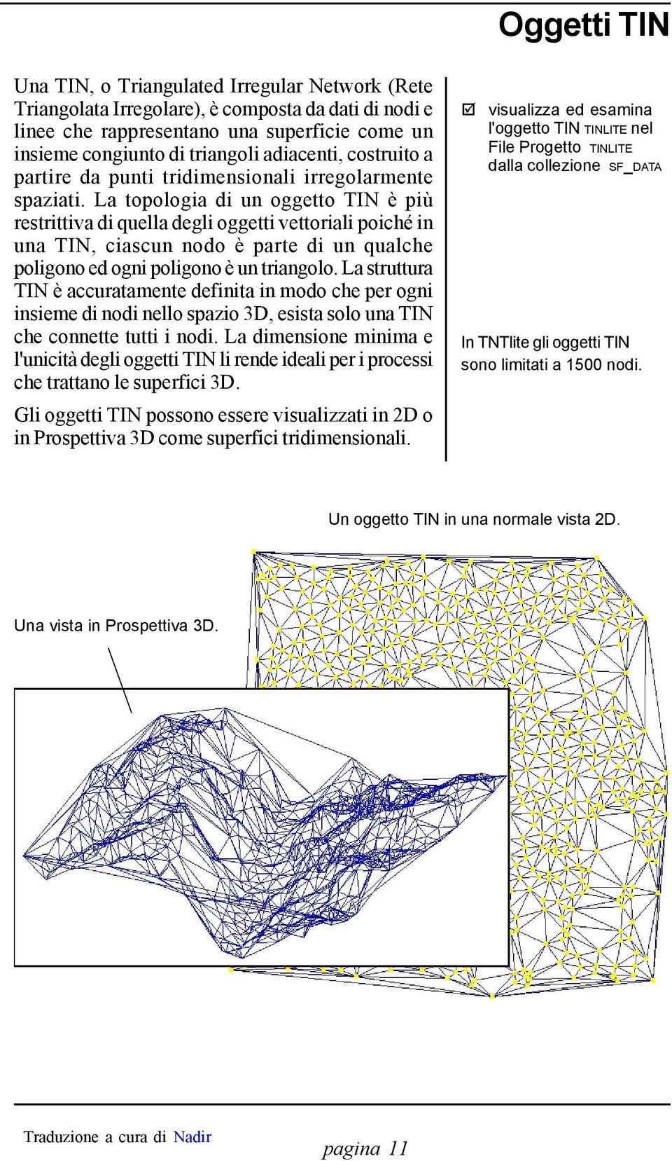 La topologia di un oggetto TIN è più restrittiva di quella degli oggetti vettoriali poiché in una TIN, ciascun nodo è parte di un qualche poligono ed ogni poligono è un triangolo.