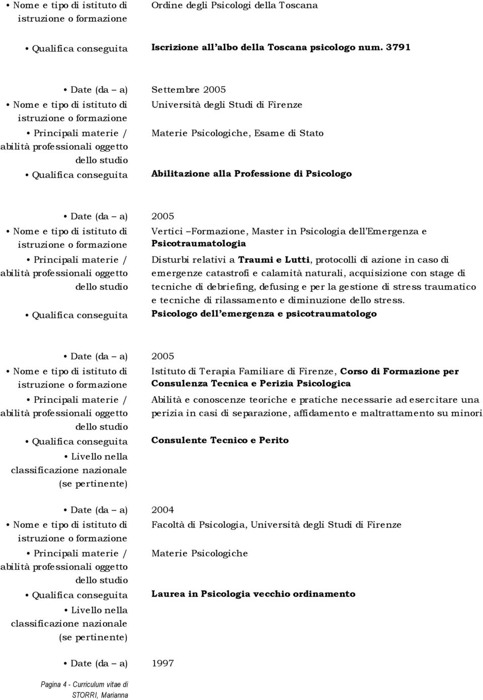 Psicologo 2005 Nome e tipo di istituto di Principali materie / Qualifica conseguita Vertici Formazione, Master in Psicologia dell Emergenza e Psicotraumatologia Disturbi relativi a Traumi e Lutti,