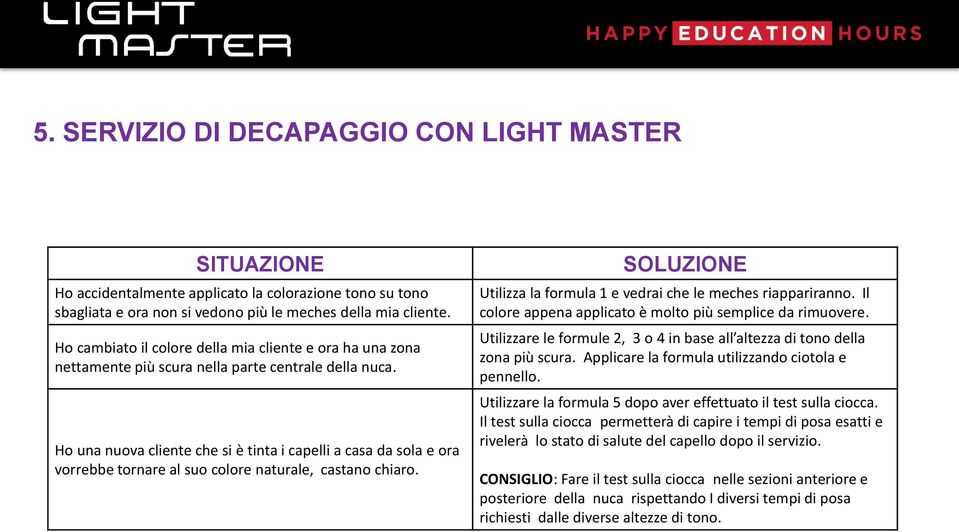 Ho una nuova cliente che si è tinta i capelli a casa da sola e ora vorrebbe tornare al suo colore naturale, castano chiaro. SOLUZIONE Utilizza la formula 1 e vedrai che le meches riappariranno.