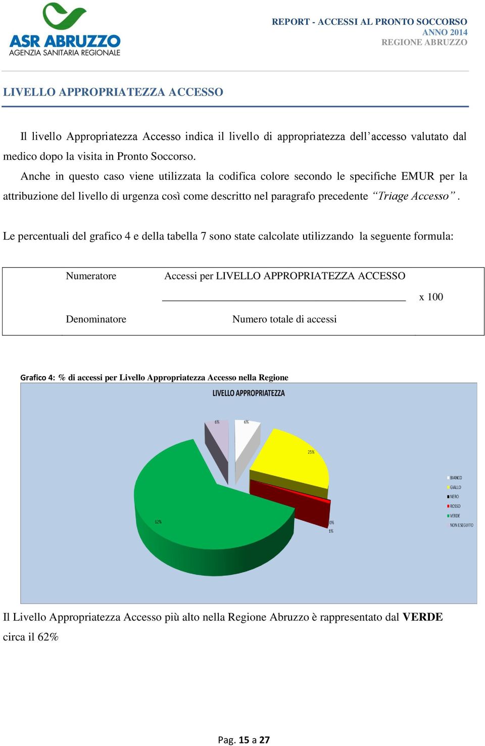 Le percentuali del grafico 4 e della tabella 7 sono state calcolate utilizzando la seguente formula: Numeratore Accessi per LIVELLO APPROPRIATEZZA ACCESSO x 100 Denominatore Numero