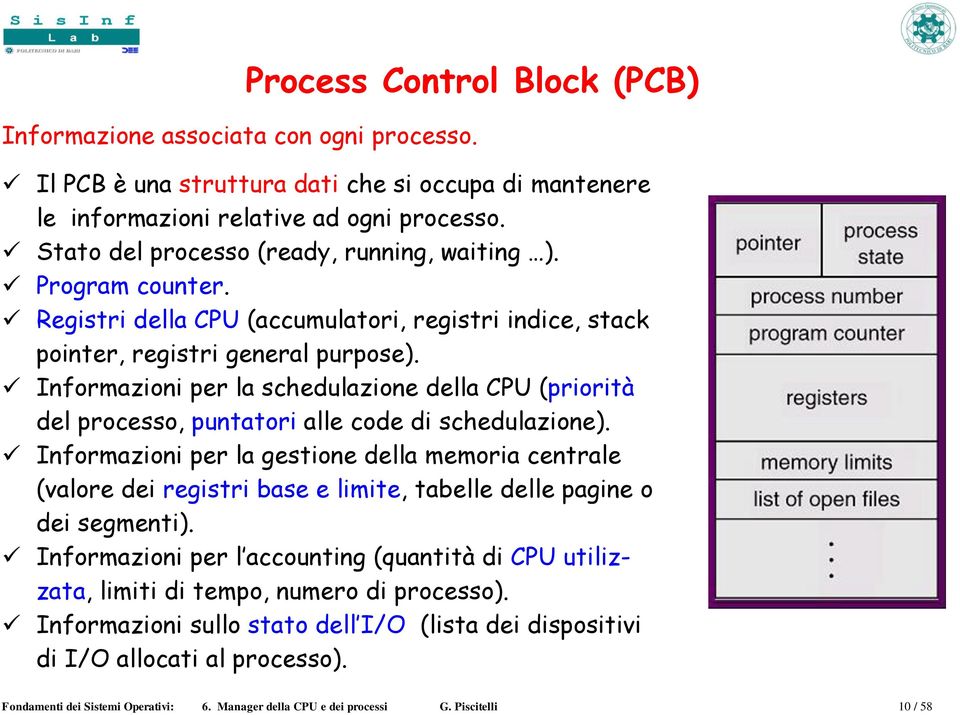 Informazioni per la schedulazione della CPU (priorità del processo, puntatori alle code di schedulazione).