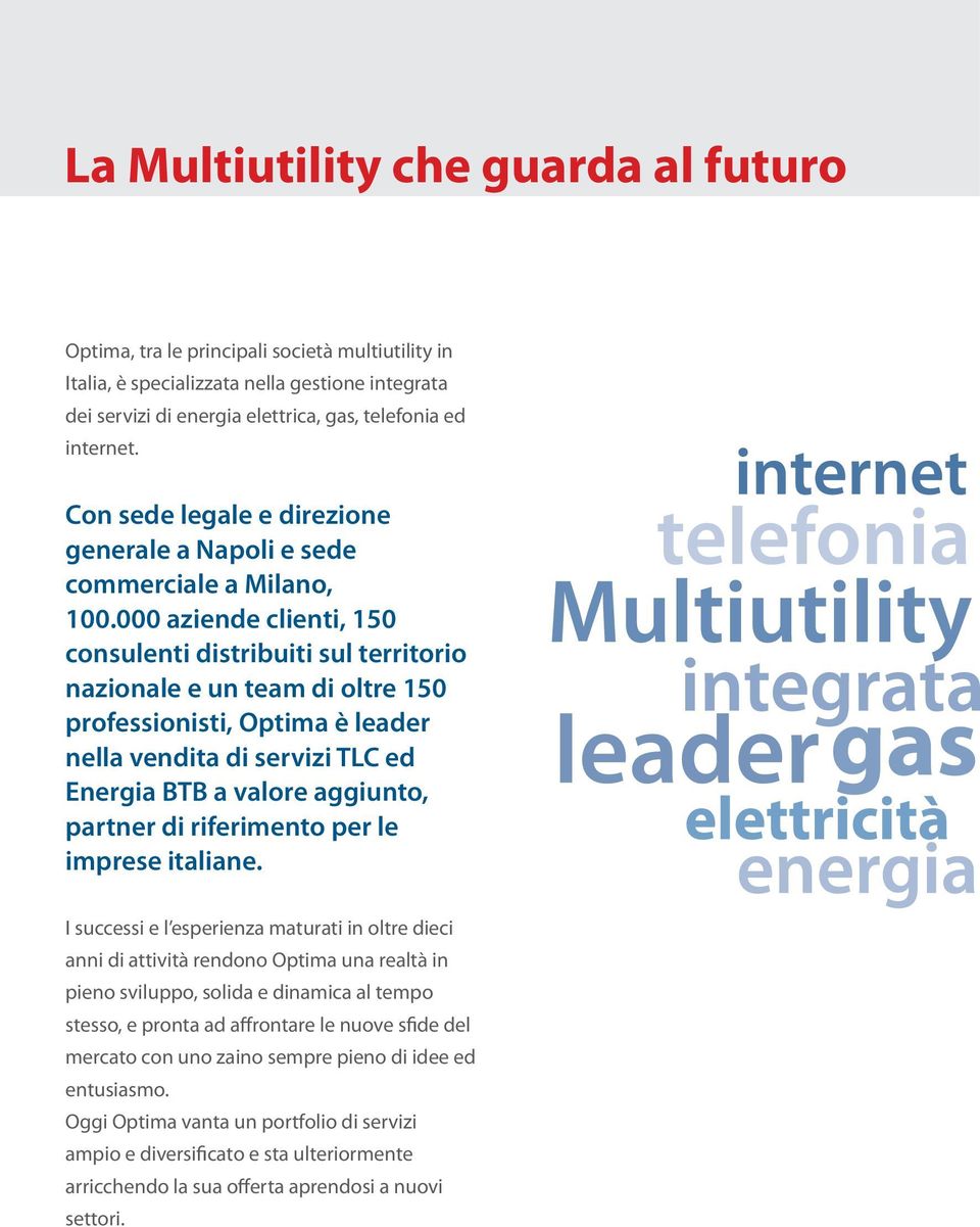 000 aziende clienti, 150 consulenti distribuiti sul territorio nazionale e un team di oltre 150 professionisti, Optima è leader nella vendita di servizi TLC ed Energia BTB a valore aggiunto, partner