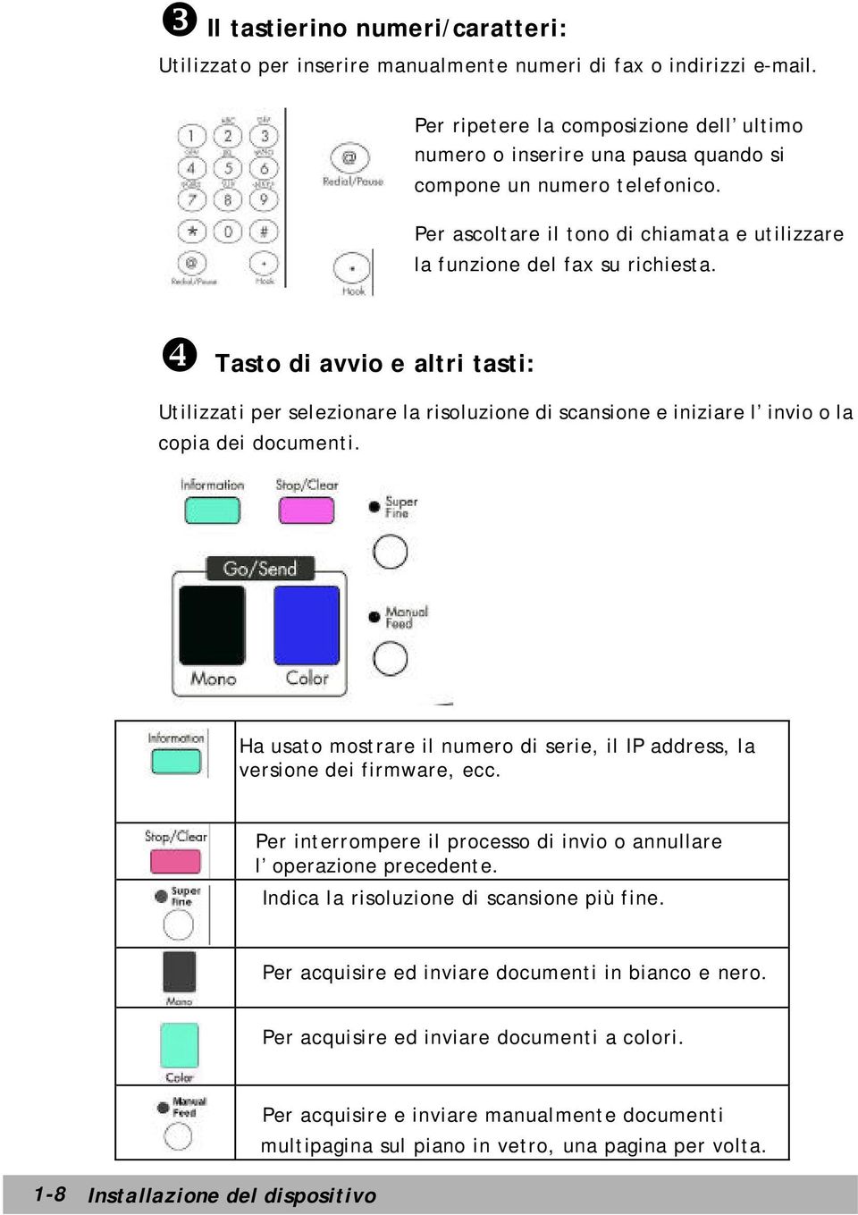 ❹ Tasto di avvio e altri tasti: Utilizzati per selezionare la risoluzione di scansione e iniziare l invio o la copia dei documenti.