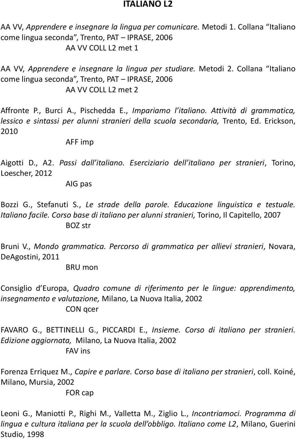 Collana Italiano come lingua seconda, Trento, PAT IPRASE, 2006 AA VV COLL L2 met 2 Affronte P., Burci A., Pischedda E., Impariamo l italiano.