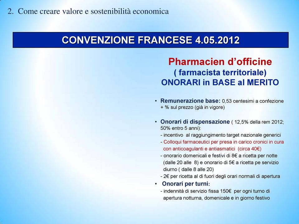 ( 12,5% della rem 2012; 50% entro 5 anni): - incentivo al raggiungimento target nazionale generici - Colloqui farmaceutici per presa in carico cronici in cura con anticoagulanti e