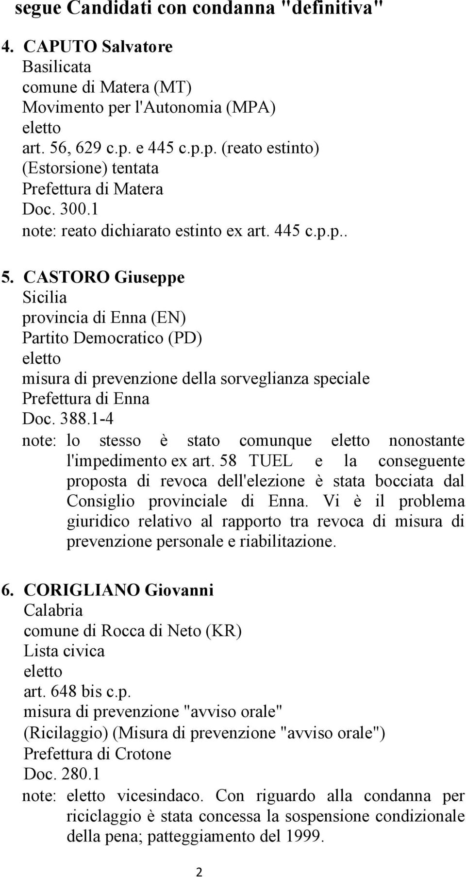 CASTORO Giuseppe provincia di Enna (EN) Partito Democratico (PD) eletto misura di prevenzione della sorveglianza speciale Prefettura di Enna Doc. 388.
