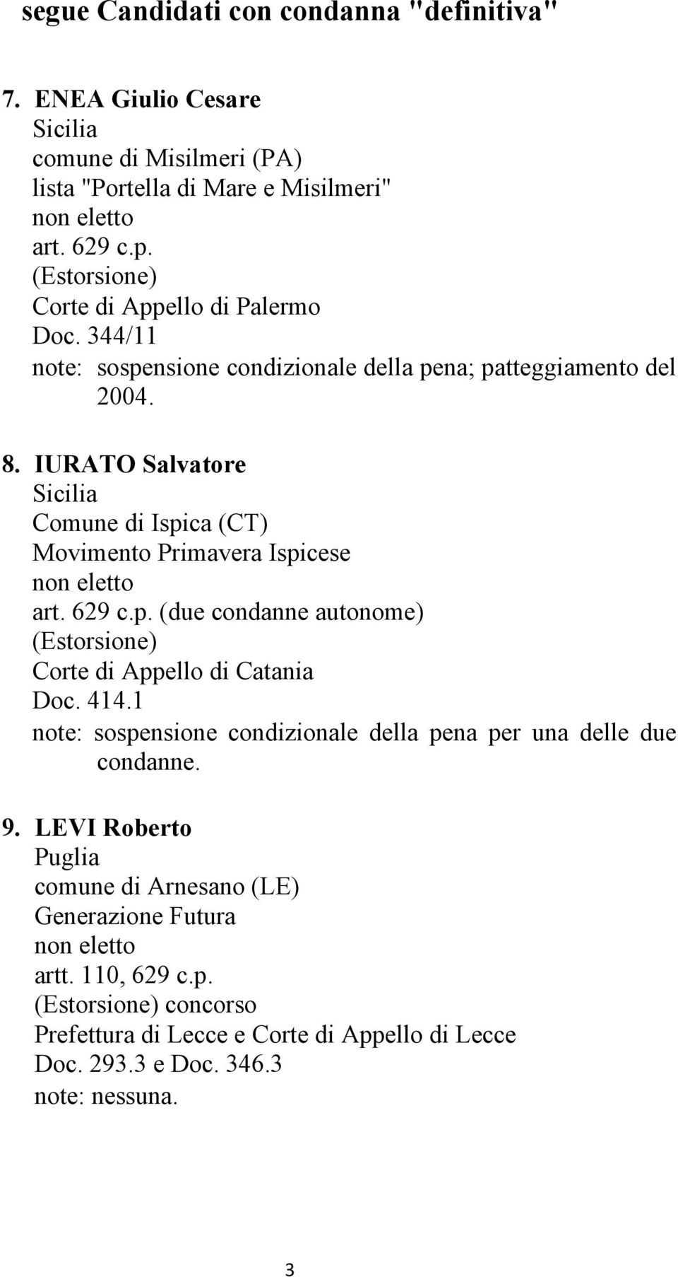 IURATO Salvatore Comune di Ispica (CT) Movimento Primavera Ispicese (due condanne autonome) Corte di Appello di Catania Doc. 414.