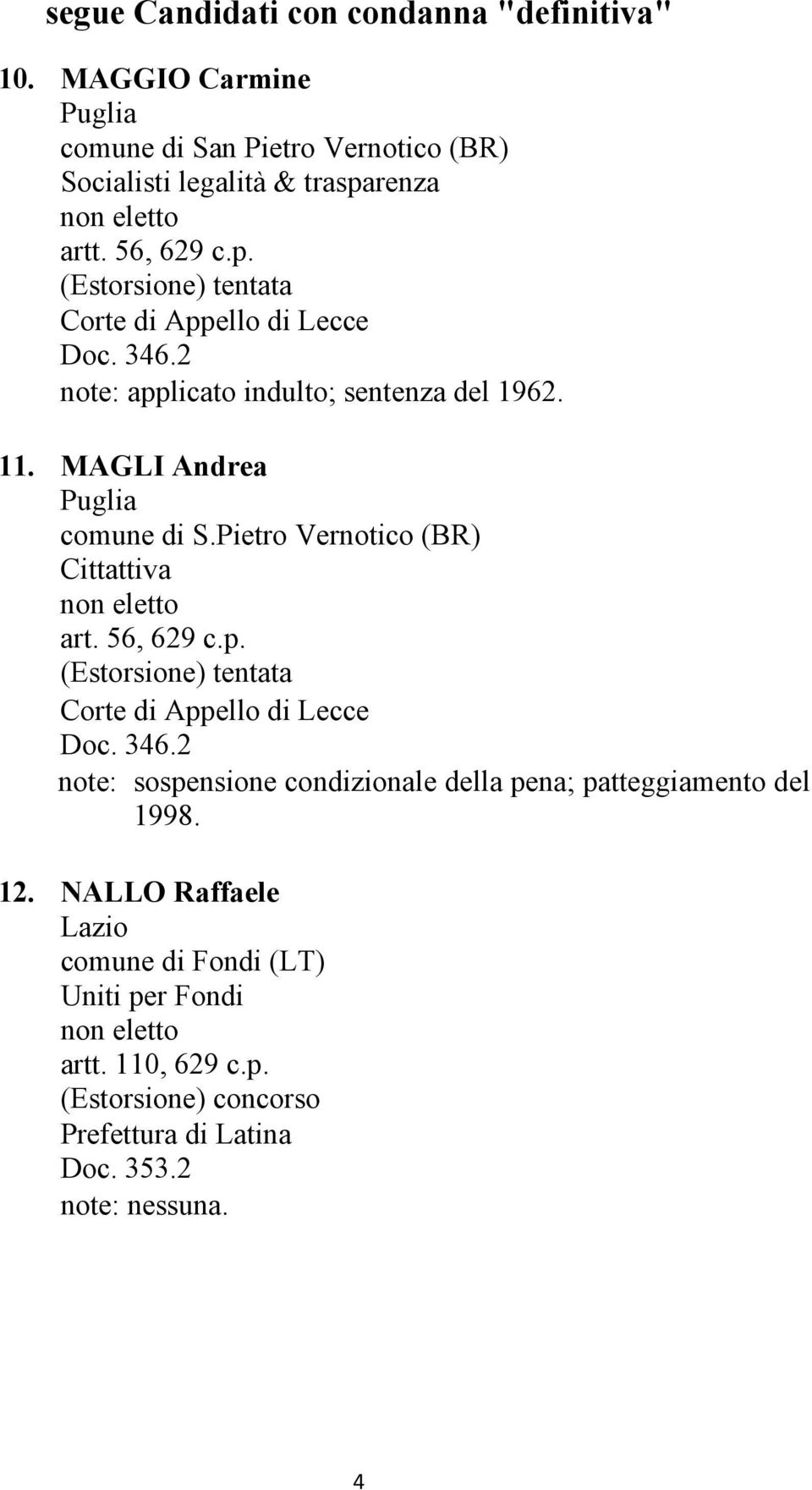 56, 629 c.p. Corte di Appello di Lecce Doc. 346.2 note: sospensione condizionale della pena; patteggiamento del 1998. 12.