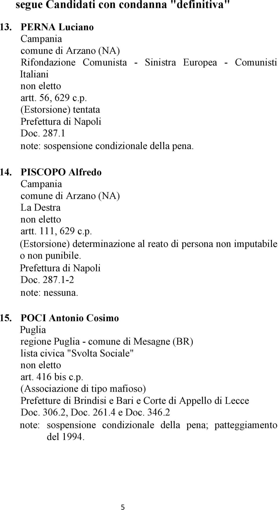 Doc. 287.1-2 15. POCI Antonio Cosimo regione - comune di Mesagne (BR) lista civica "Svolta Sociale" art. 416 bis c.p.