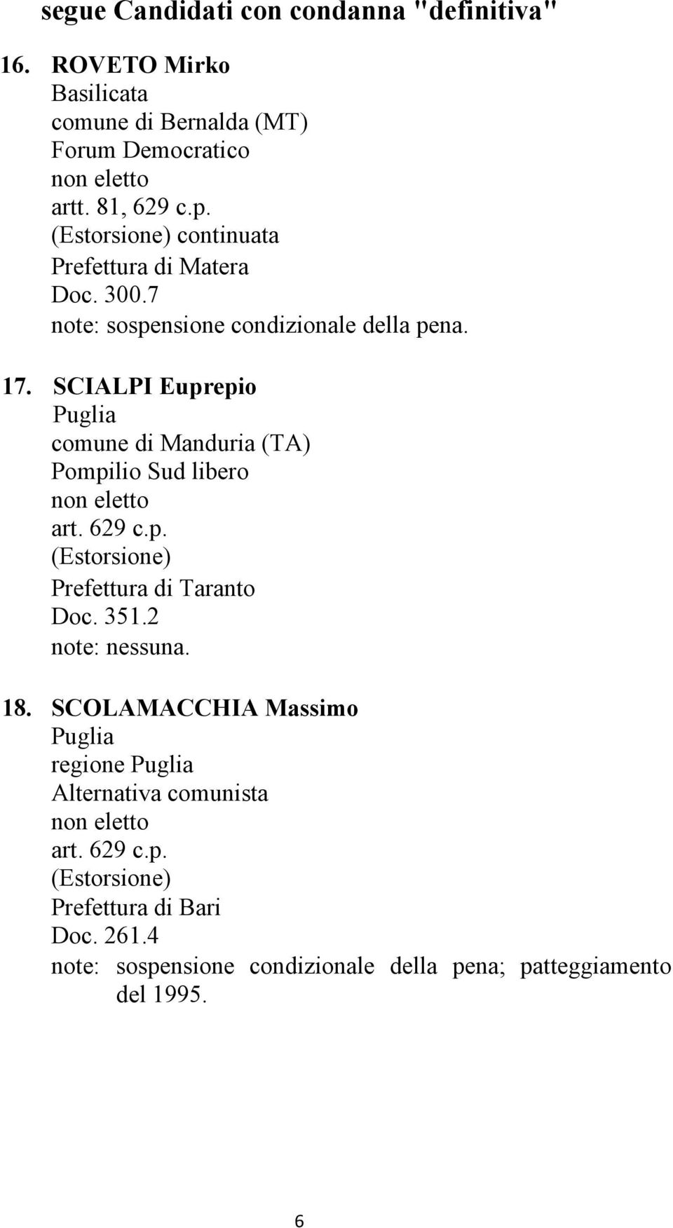 SCIALPI Euprepio comune di Manduria (TA) Pompilio Sud libero Prefettura di Taranto Doc. 351.2 18.