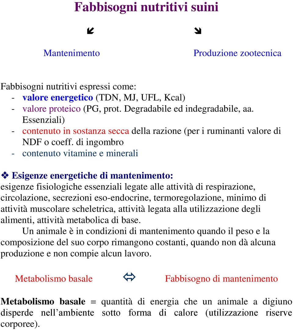 di ingombro - contenuto vitamine e minerali Esigenze energetiche di mantenimento: esigenze fisiologiche essenziali legate alle attività di respirazione, circolazione, secrezioni eso-endocrine,