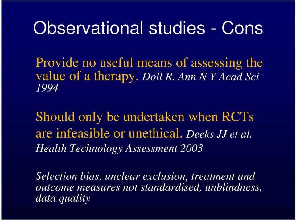 Ann N Y Acad Sci 1994 Should only be undertaken when RCTs are infeasible or unethical.