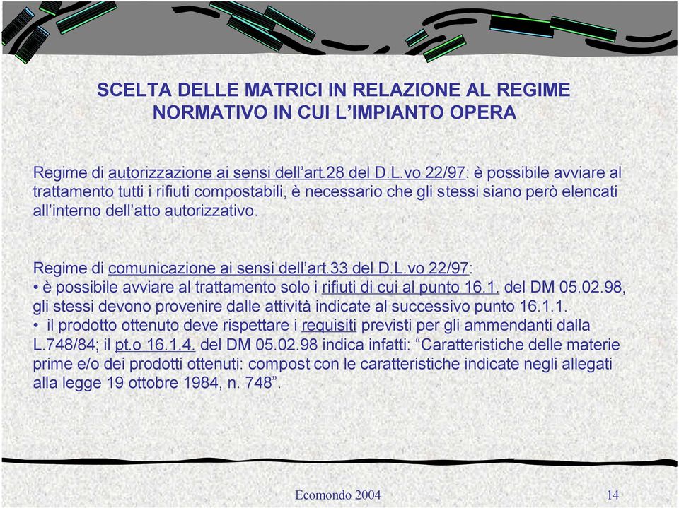 98, gli stessi devono provenire dalle attività indicate al successivo punto 16.1.1. il prodotto ottenuto deve rispettare i requisiti previsti per gli ammendanti dalla L.748/84; il pt.o 16.1.4. del DM 05.