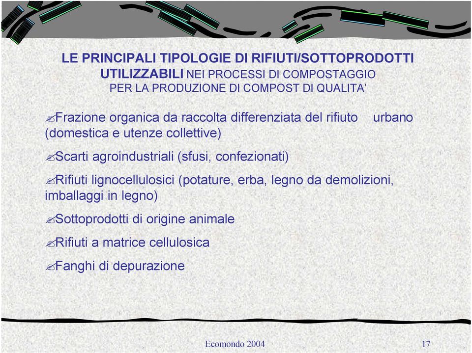 agroindustriali (sfusi, confezionati) urbano Rifiuti lignocellulosici (potature, erba, legno da demolizioni,