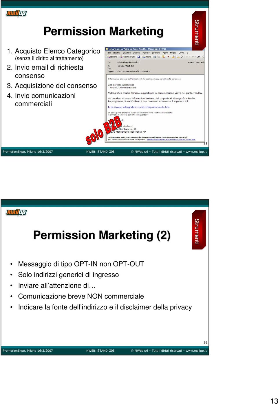 Invio comunicazioni commerciali 25 Permission Marketing (2) Messaggio di tipo OPT-IN non OPT-OUT Solo