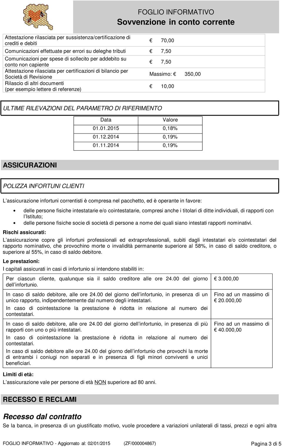 10,00 ULTIME RILEVAZIONI DEL PARAMETRO DI RIFERIMENTO Data Valore 01.01.2015 0,18% 01.12.2014 0,19% 01.11.