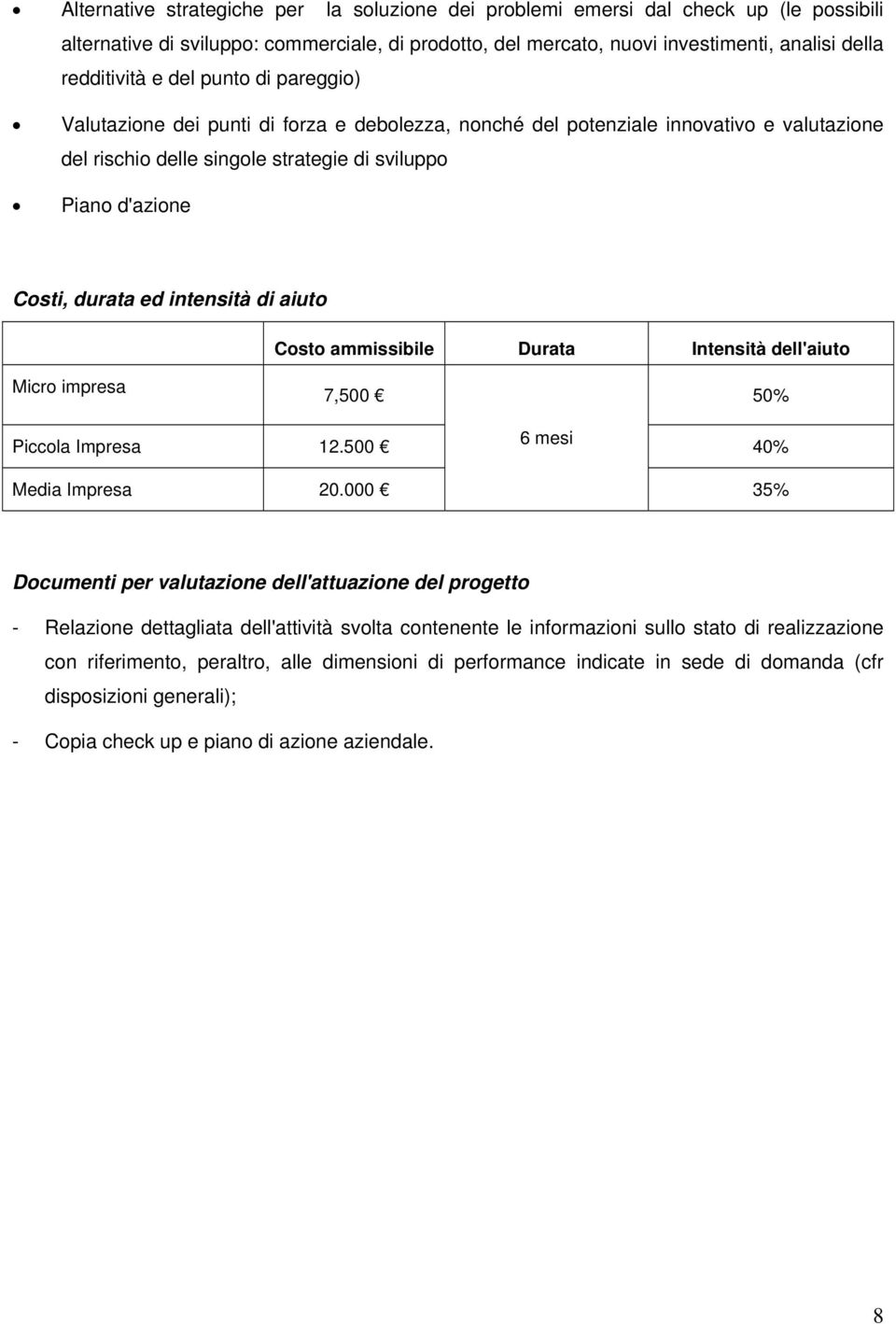 rischio delle singole strategie di sviluppo Piano d'azione Costi, durata ed intensità di aiuto Micro impresa 7,500 Piccola Impresa 12.