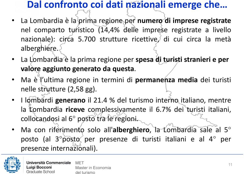 Ma è l ultima regione in termini di permanenza media dei turisti nelle strutture (2,58 gg). I lombardi generano il 21.4 % interno italiano, mentre la Lombardia riceve complessivamente il 6.
