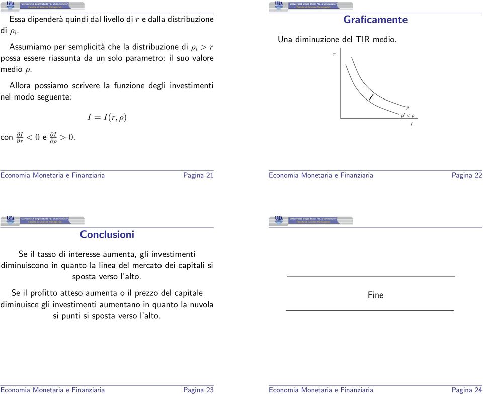 < I Economia Monetaia e Finanziaia Pagina 2 Economia Monetaia e Finanziaia Pagina 22 Conclusioni Se il tasso di inteesse aumenta, gli investimenti diminuiscono in quanto la linea del mecato dei