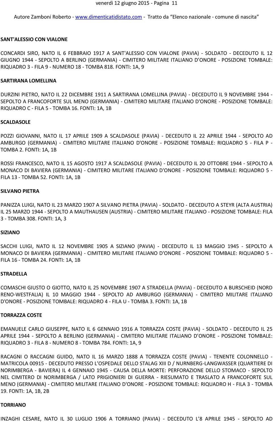 FONTI: 1A, 9 SARTIRANA LOMELLINA DURZINI PIETRO, NATO IL 22 DICEMBRE 1911 A SARTIRANA LOMELLINA (PAVIA) - DECEDUTO IL 9 NOVEMBRE 1944 - SEPOLTO A FRANCOFORTE SUL MENO (GERMANIA) - CIMITERO MILITARE