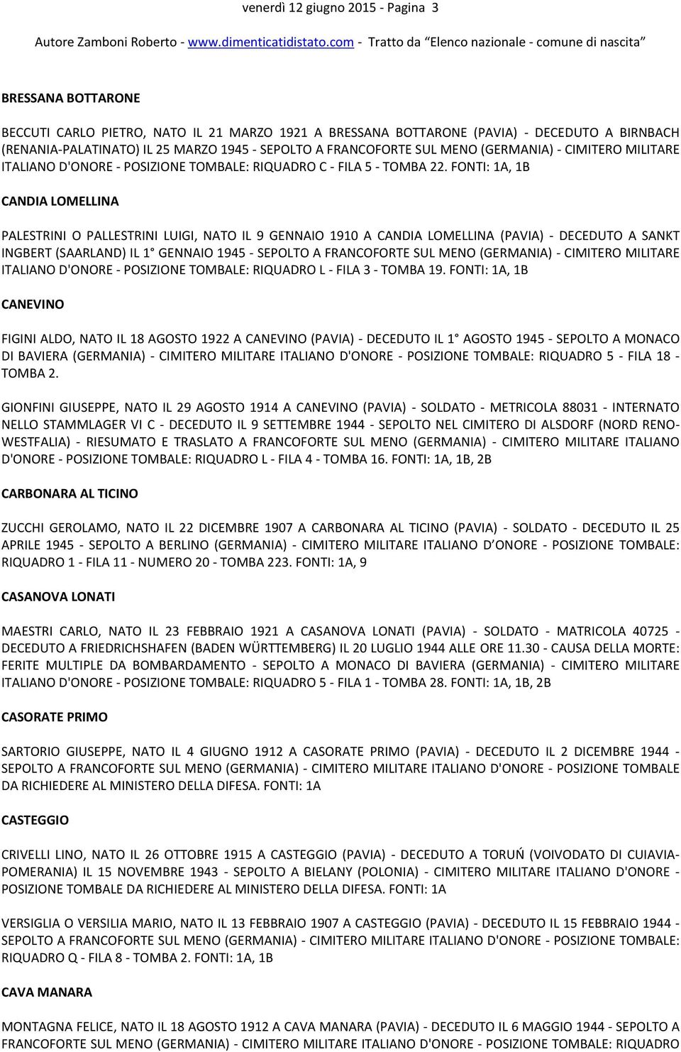 FONTI: 1A, 1B CANDIA LOMELLINA PALESTRINI O PALLESTRINI LUIGI, NATO IL 9 GENNAIO 1910 A CANDIA LOMELLINA (PAVIA) - DECEDUTO A SANKT INGBERT (SAARLAND) IL 1 GENNAIO 1945 - SEPOLTO A FRANCOFORTE SUL