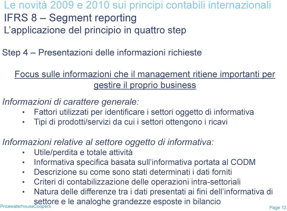 settore oggetto di informativa: Utile/perdita e totale attività Informativa specifica basata sull informativa portata al CODM Descrizione su come sono stati determinati i dati forniti Criteri di