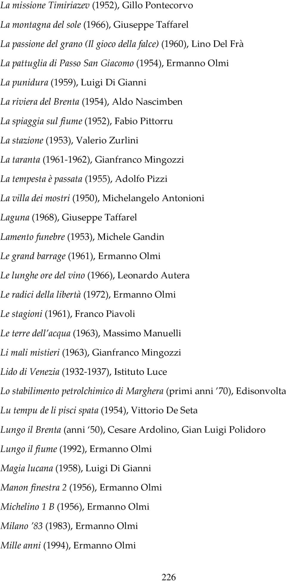 (1961-1962), Gianfranco Mingozzi La tempesta è passata (1955), Adolfo Pizzi La villa dei mostri (1950), Michelangelo Antonioni Laguna (1968), Giuseppe Taffarel Lamento funebre (1953), Michele Gandin