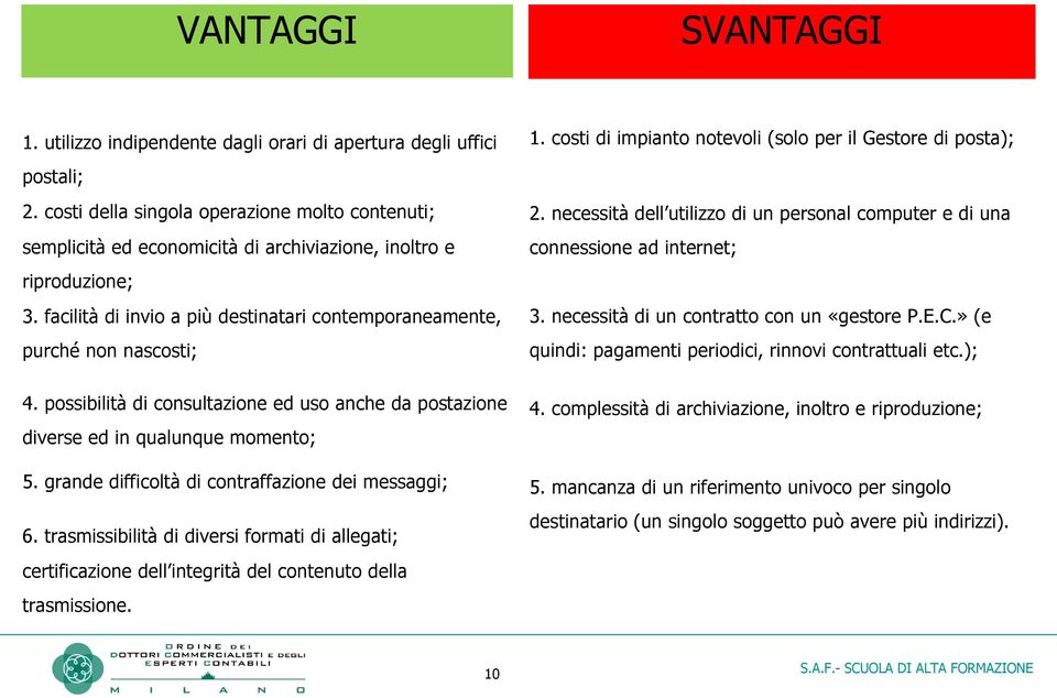 possibilità di consultazione ed uso anche da postazione diverse ed in qualunque momento; 5. grande difficoltà di contraffazione dei messaggi; 6.