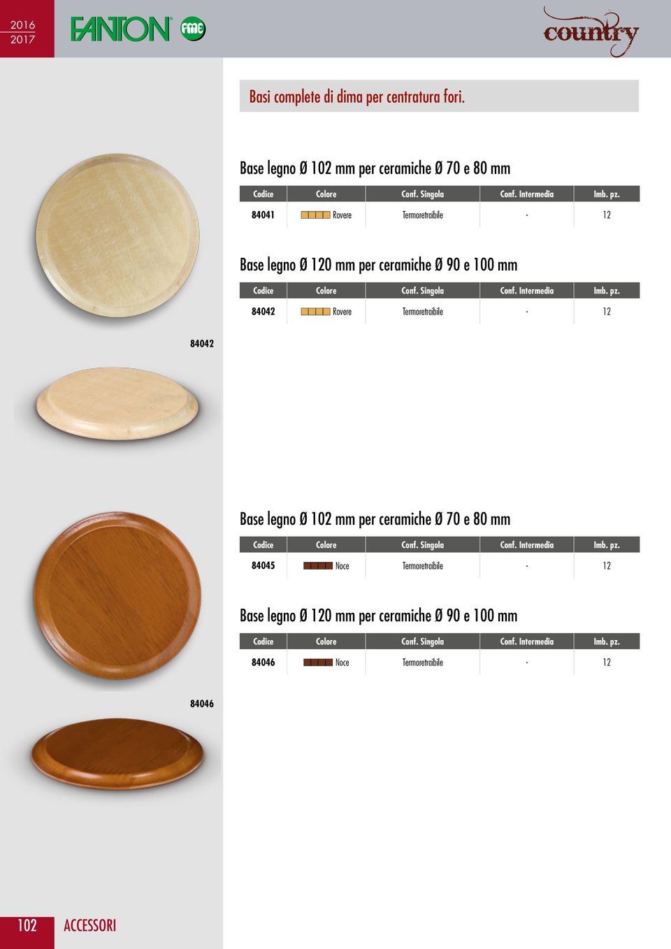 mm per ceramiche Ø 90 e 100 mm 84042 nnnn Rovere Termoretraibile - 12 84042 Base legno Ø 102 mm per