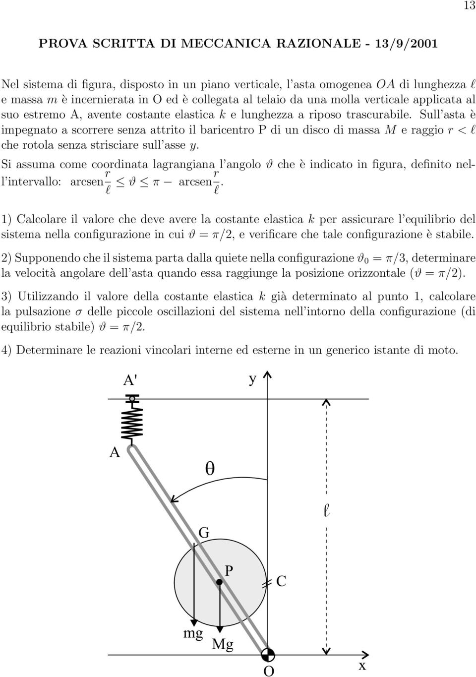 Sull asta è impegnato a scorrere senza attrito il baricentro P di un disco di massa M e raggio r < l che rotola senza strisciare sull asse y.