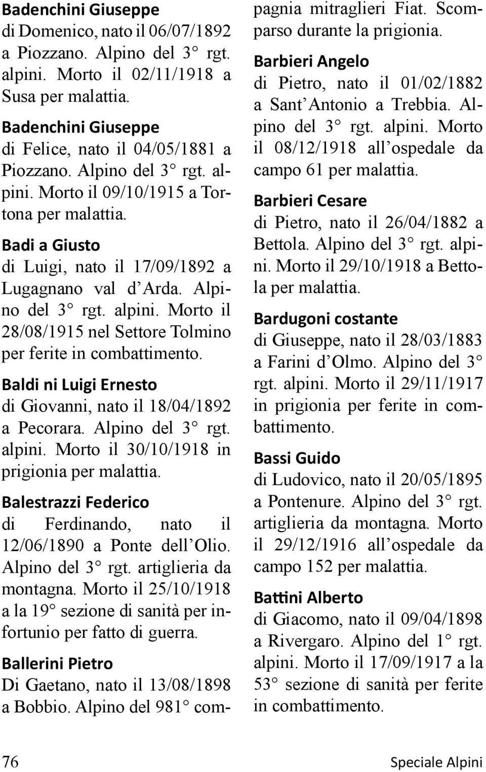 Alpino del 3 rgt. artiglieria da montagna. Morto il 25/10/1918 a la 19 sezione di sanità per infortunio per fatto di guerra. Ballerini Pietro Di Gaetano, nato il 13/08/1898 a Bobbio.