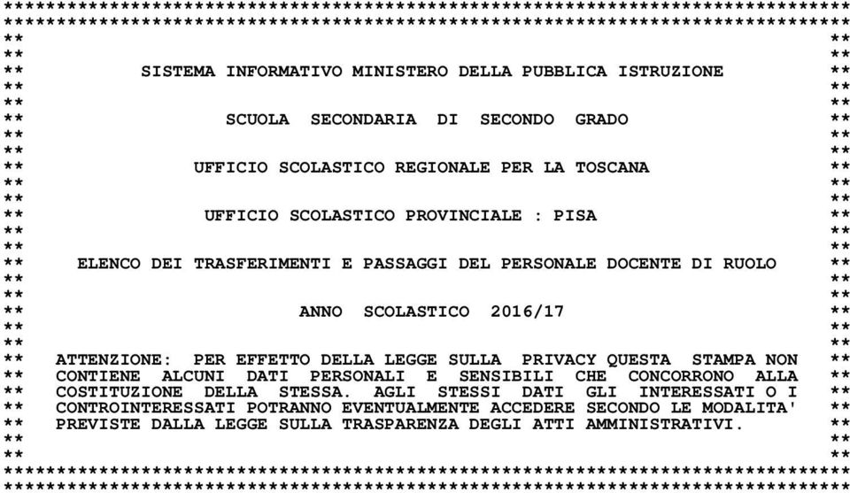 : PISA ** ** ** ** ** ** ELENCO DEI TRASFERIMENTI E PASSAGGI DEL PERSONALE DOCENTE DI RUOLO ** ** ** ** ** ** ANNO SCOLASTICO 2016/17 ** ** ** ** ** ** ATTENZIONE: PER EFFETTO DELLA LEGGE SULLA