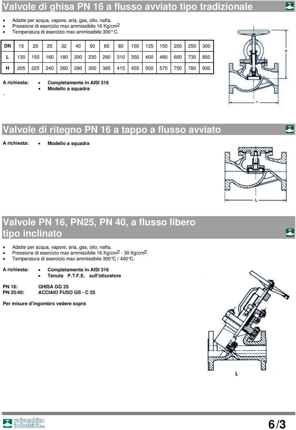 316 Modello a squadra - Valvole di ritegno PN 16 a tappo a flusso avviato A richiesta: Modello a squadra Valvole PN 16, PN25, PN 40, a flusso libero tipo inclinato Adatte per acqua, vapore, aria,