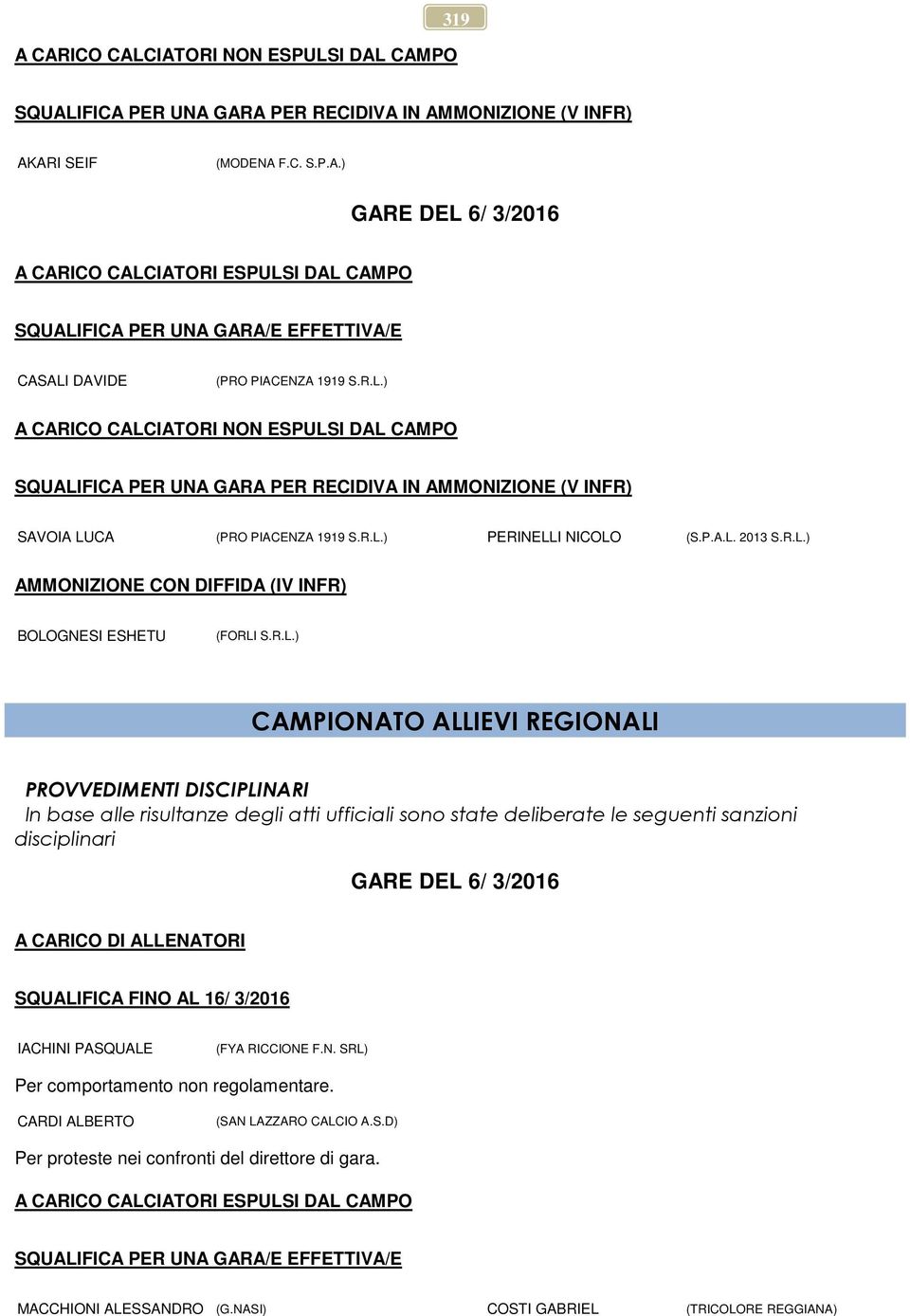 R.L.) CAMPIONATO ALLIEVI REGIONALI PROVVEDIMENTI DISCIPLINARI In base alle risultanze degli atti ufficiali sono state deliberate le seguenti sanzioni disciplinari GARE DEL 6/ 3/2016 A CARICO DI