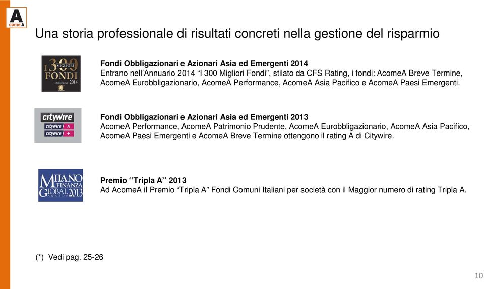 Fondi Obbligazionari e Azionari Asia ed Emergenti 2013 AcomeA Performance, AcomeA Patrimonio Prudente, AcomeA Eurobbligazionario, AcomeA Asia Pacifico, AcomeA Paesi Emergenti e