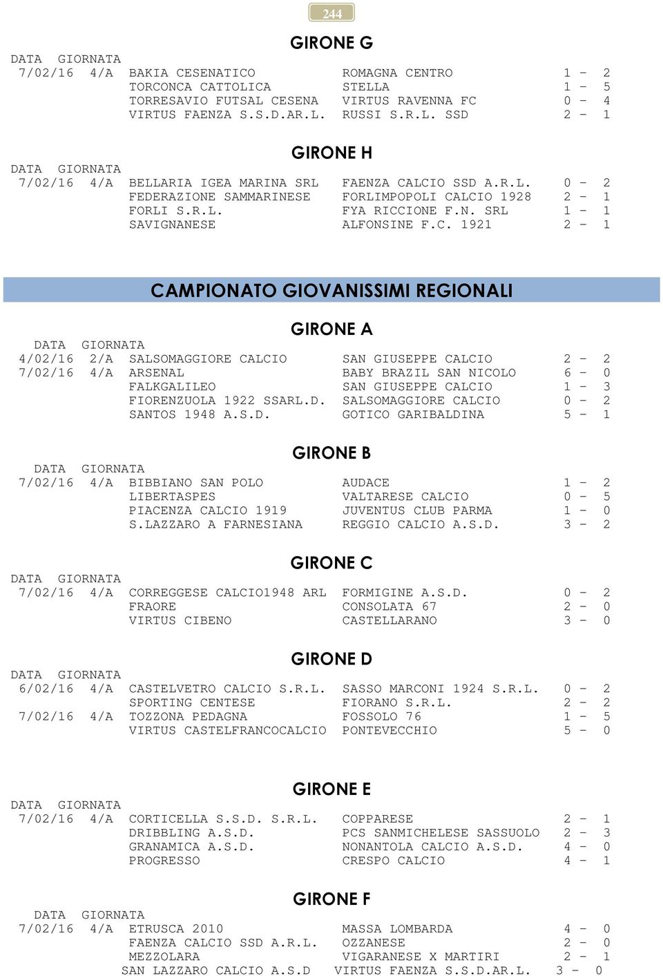 LCIO 1928 2-1 FORLI S.R.L. FYA RICCIONE F.N. SRL 1-1 SAVIGNANESE ALFONSINE F.C. 1921 2-1 CAMPIONATO GIOVANISSIMI REGIONALI GIRONE A 4/02/16 2/A SALSOMAGGIORE CALCIO SAN GIUSEPPE CALCIO 2-2 7/02/16