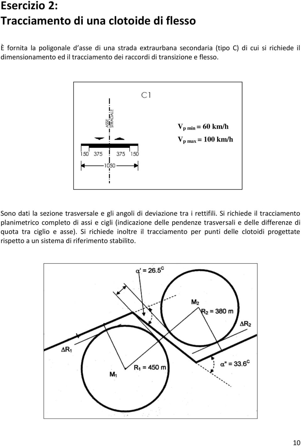 V p in = 60 k/h V p ax = 00 k/h Sono dati la sezione trasversale e gli angoli di deviazione tra i rettifili.