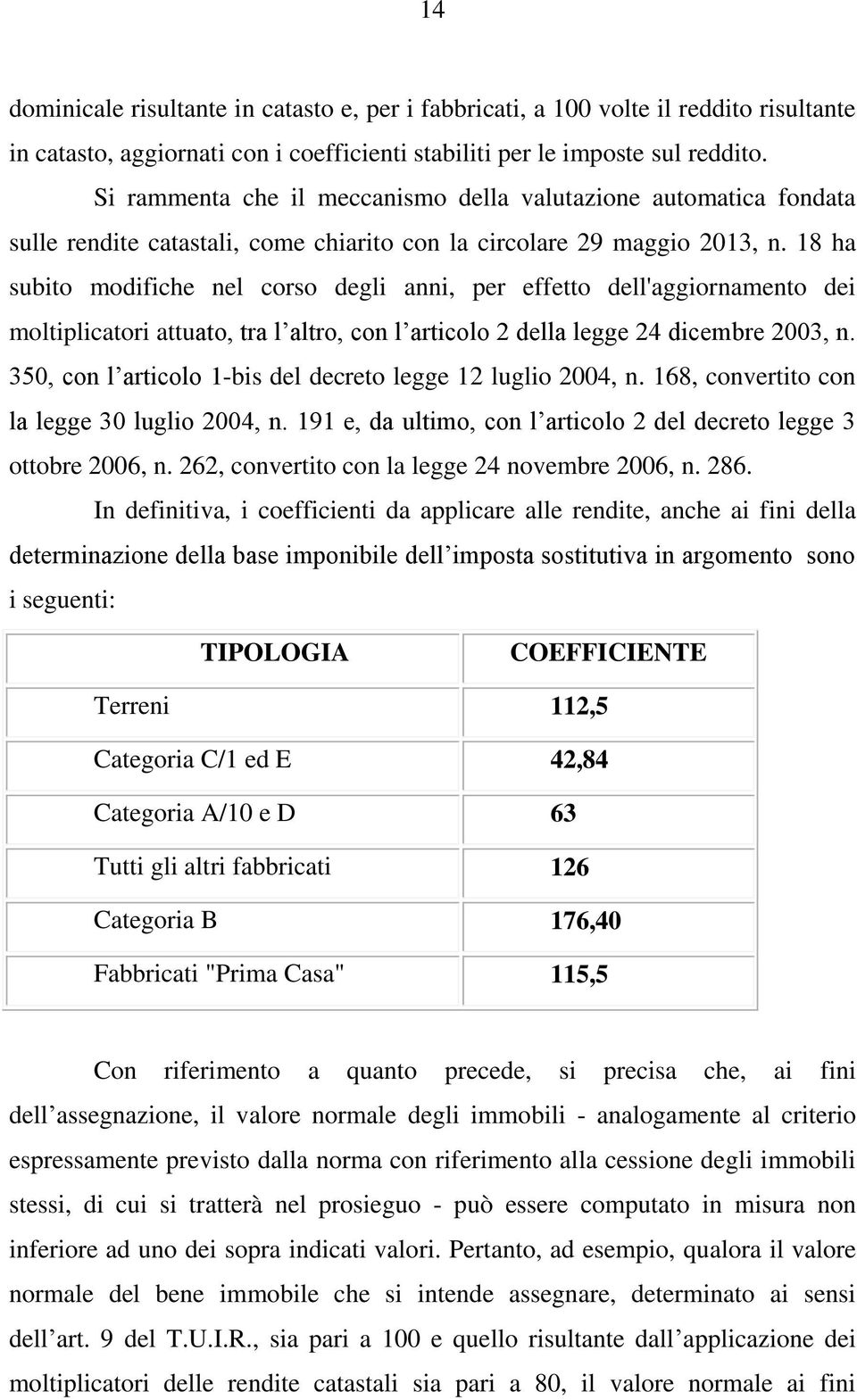 18 ha subito modifiche nel corso degli anni, per effetto dell'aggiornamento dei moltiplicatori attuato, tra l altro, con l articolo 2 della legge 24 dicembre 2003, n.