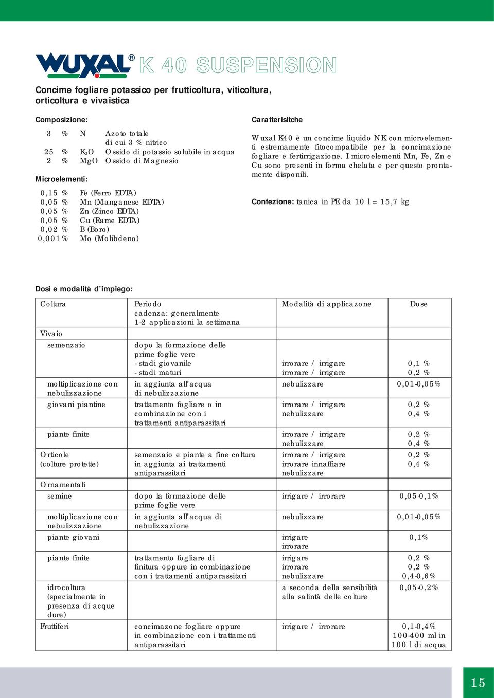 concime liquido NK con microelementi estremamente fitocompatibile per la concimazione fogliare e fertirrigazione.