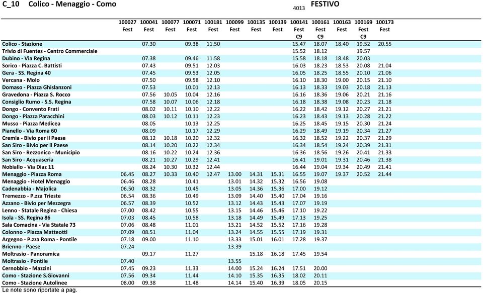 03 Sorico - Piazza C. Battisti 07.43 09.51 12.03 16.03 18.23 18.53 20.08 21.04 Gera - SS. Regina 40 07.45 09.53 12.05 16.05 18.25 18.55 20.10 21.06 Vercana - Molo 07.50 09.58 12.10 16.10 18.30 19.