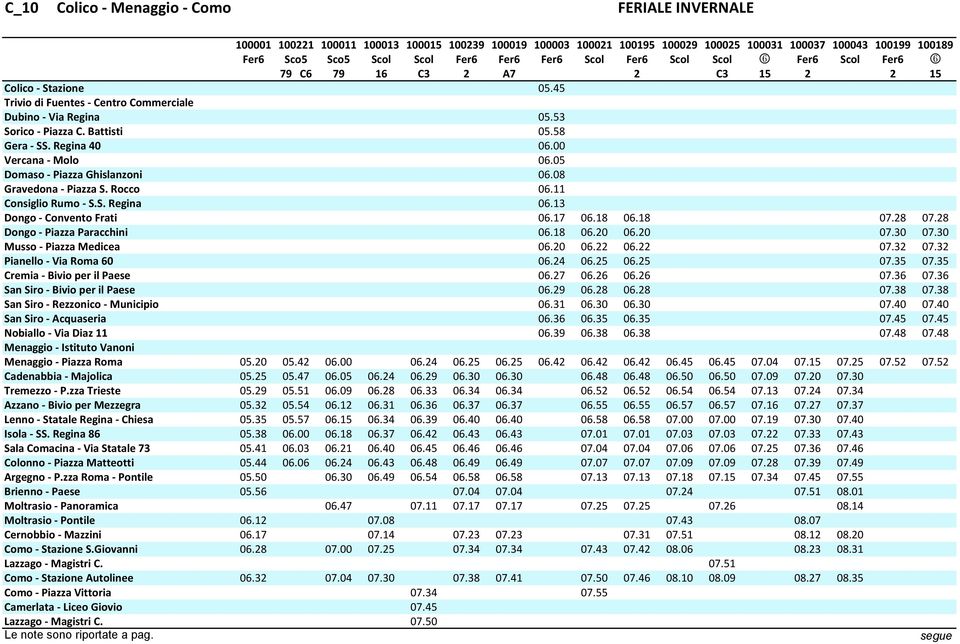 Battisti 05.58 Gera - SS. Regina 40 06.00 Vercana - Molo 06.05 Domaso - Piazza Ghislanzoni 06.08 Gravedona - Piazza S. Rocco 06.11 Consiglio Rumo - S.S. Regina 06.13 Dongo - Convento Frati 06.17 06.