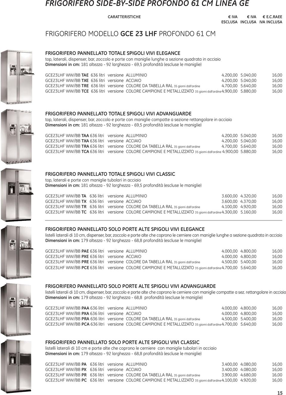 040,00 16,00 GCE23LHF WW/BB TXE 636 litri versione ACCIAIO 4.200,00 5.040,00 16,00 GCE23LHF WW/BB TRE 636 litri versione COLORE DA TABELLA RAL 35 giorni dall ordine 4.700,00 5.