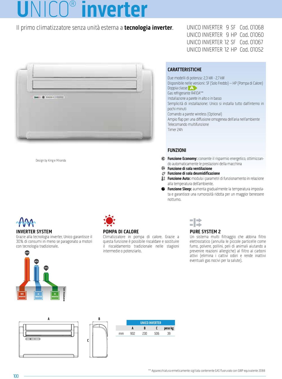 01052 CARATTERISTICHE Due modelli di potenza: 2,3 kw - 2,7 kw Disponibile nelle versioni: SF (Solo Freddo) HP (Pompa di Calore) Doppia classe Gas refrigerante R410A** Installazione a parete in alto o