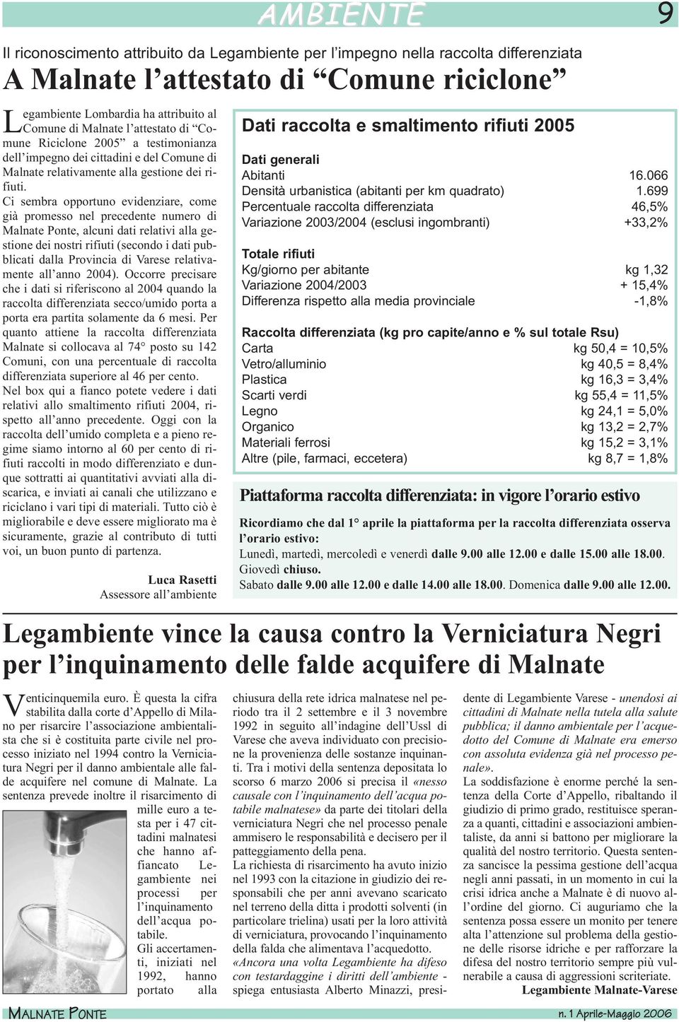 Ci sembra opportuno evidenziare, come già promesso nel precedente numero di Malnate Ponte, alcuni dati relativi alla gestione dei nostri rifiuti (secondo i dati pubblicati dalla Provincia di Varese